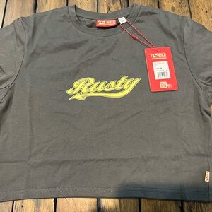 NWT Grey Rusty Charcoal Cropped Tee with Yellow Logo Womens Size Lsrge